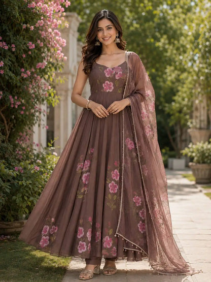 Red Handpainted Georgette Anarkali Set