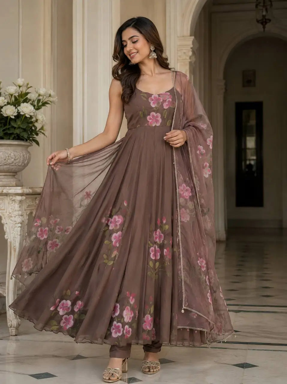 Red Handpainted Georgette Anarkali Set