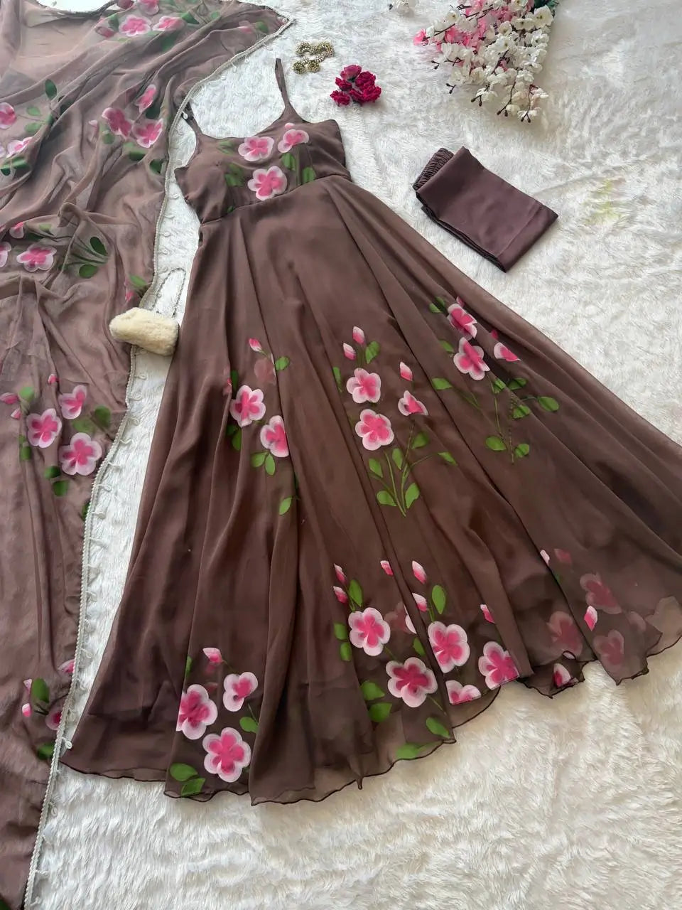 Red Handpainted Georgette Anarkali Set