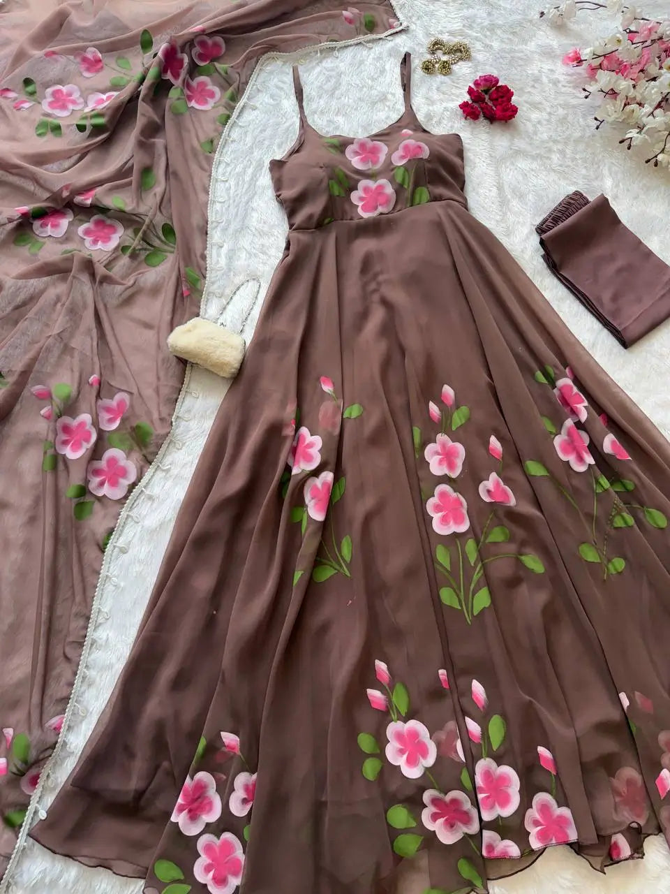 Red Handpainted Georgette Anarkali Set