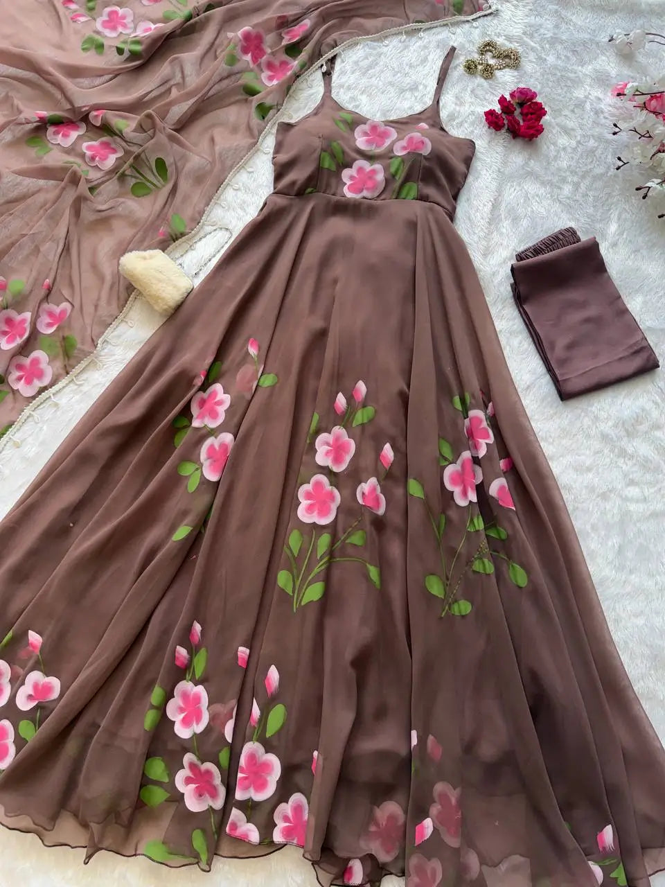 Red Handpainted Georgette Anarkali Set