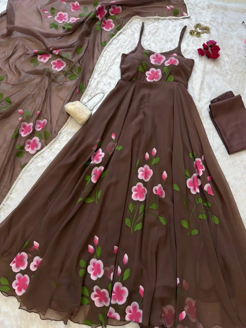 Red Handpainted Georgette Anarkali Set