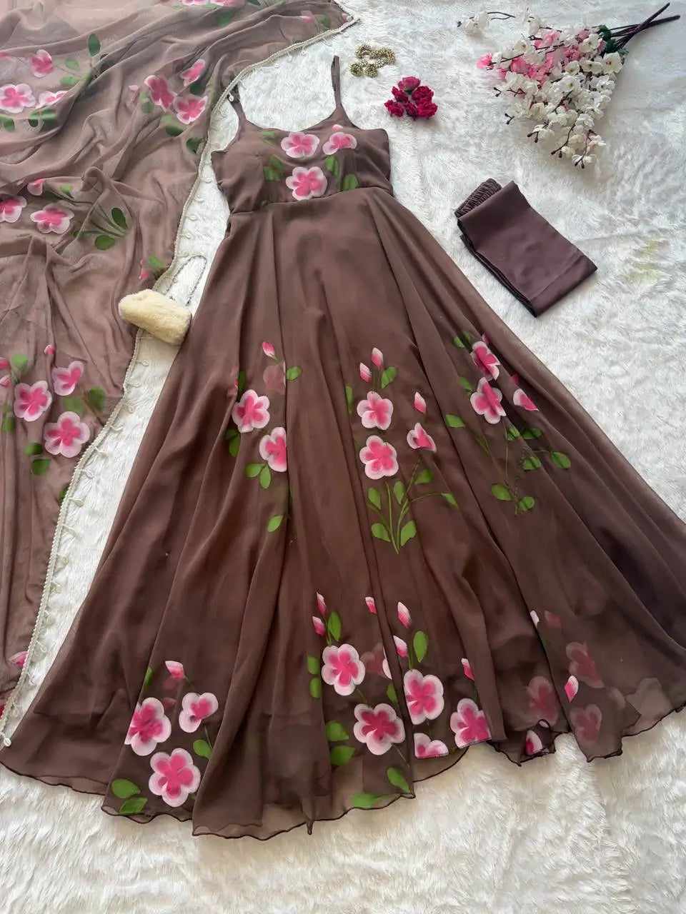 Red Handpainted Georgette Anarkali Set