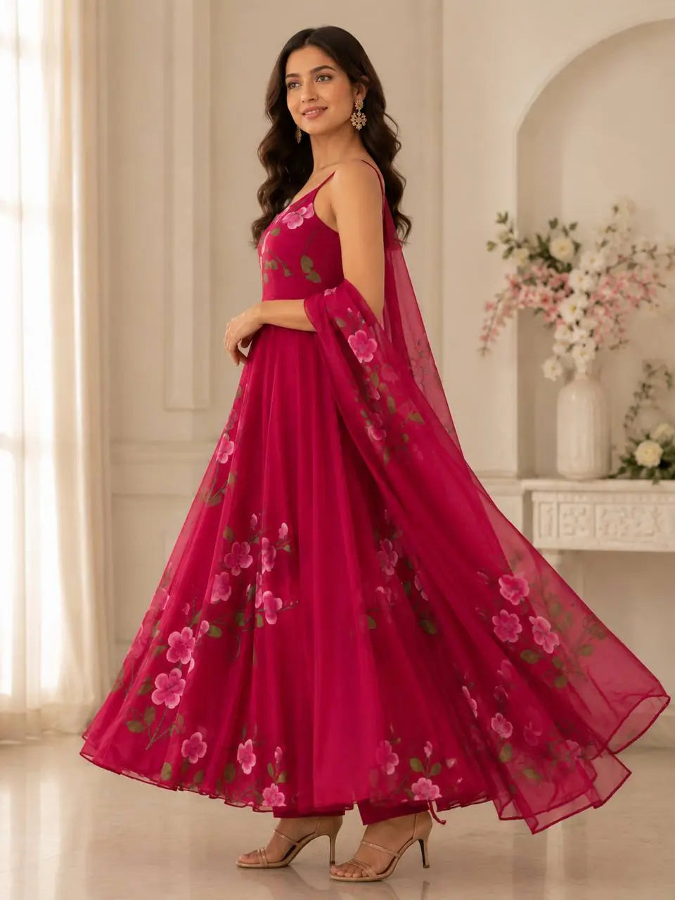 Red Handpainted Georgette Anarkali Set