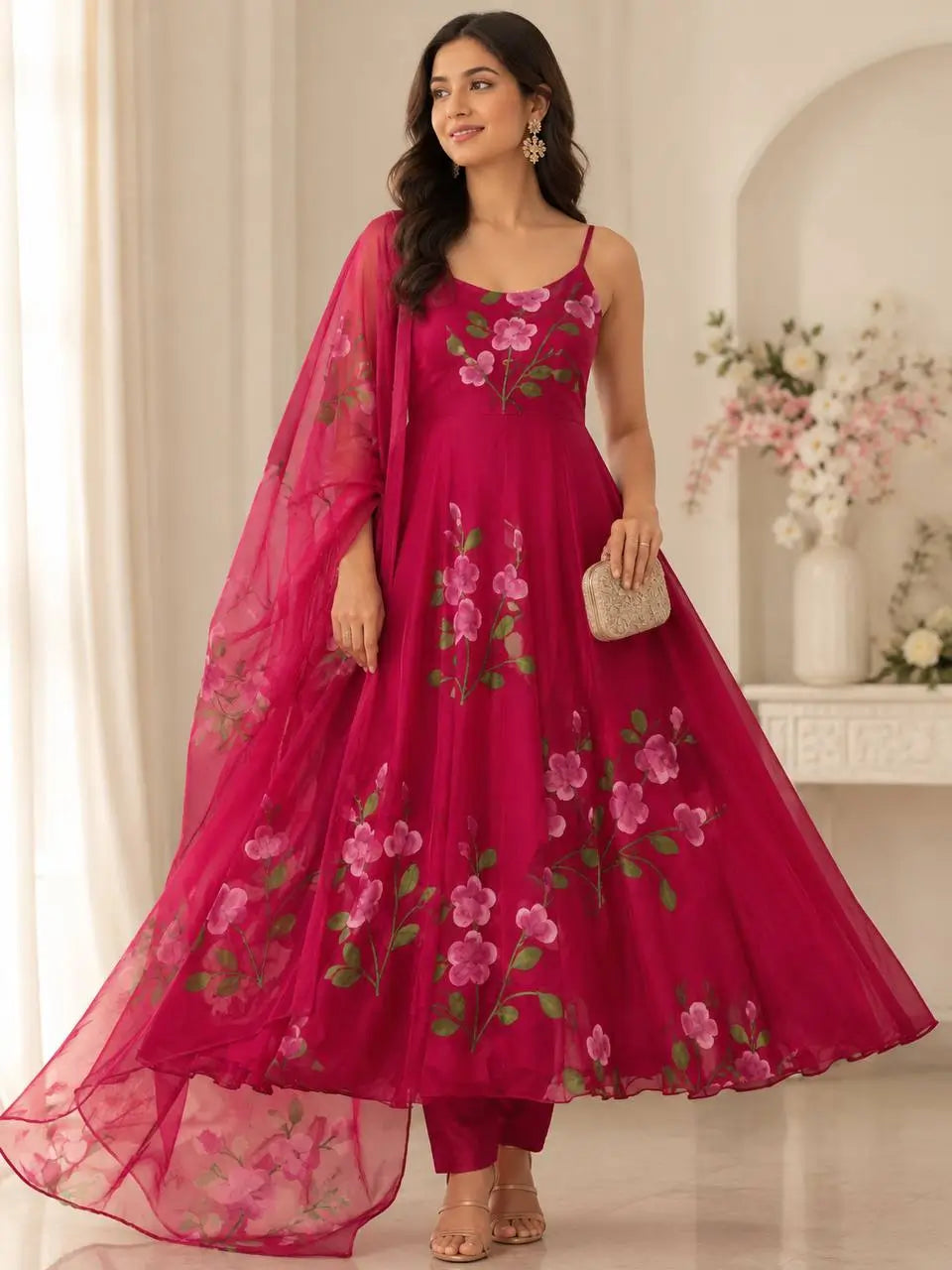 Red Handpainted Georgette Anarkali Set