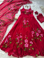 Red Handpainted Georgette Anarkali Set