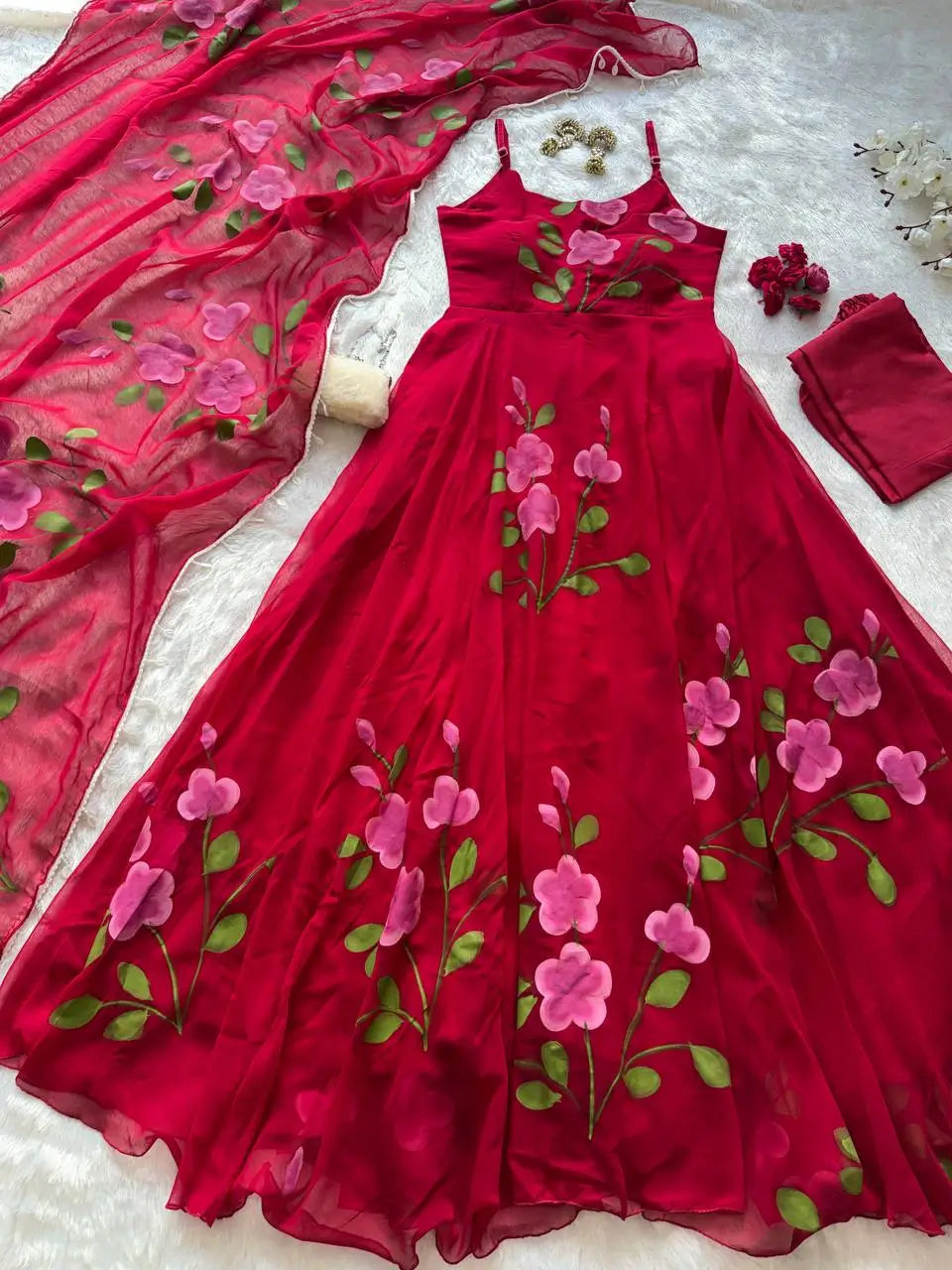 Red Handpainted Georgette Anarkali Set