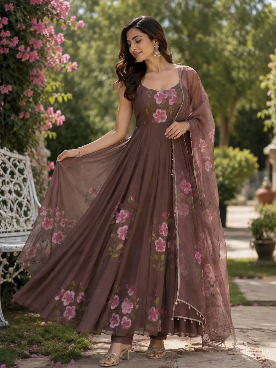 Red Handpainted Georgette Anarkali Set