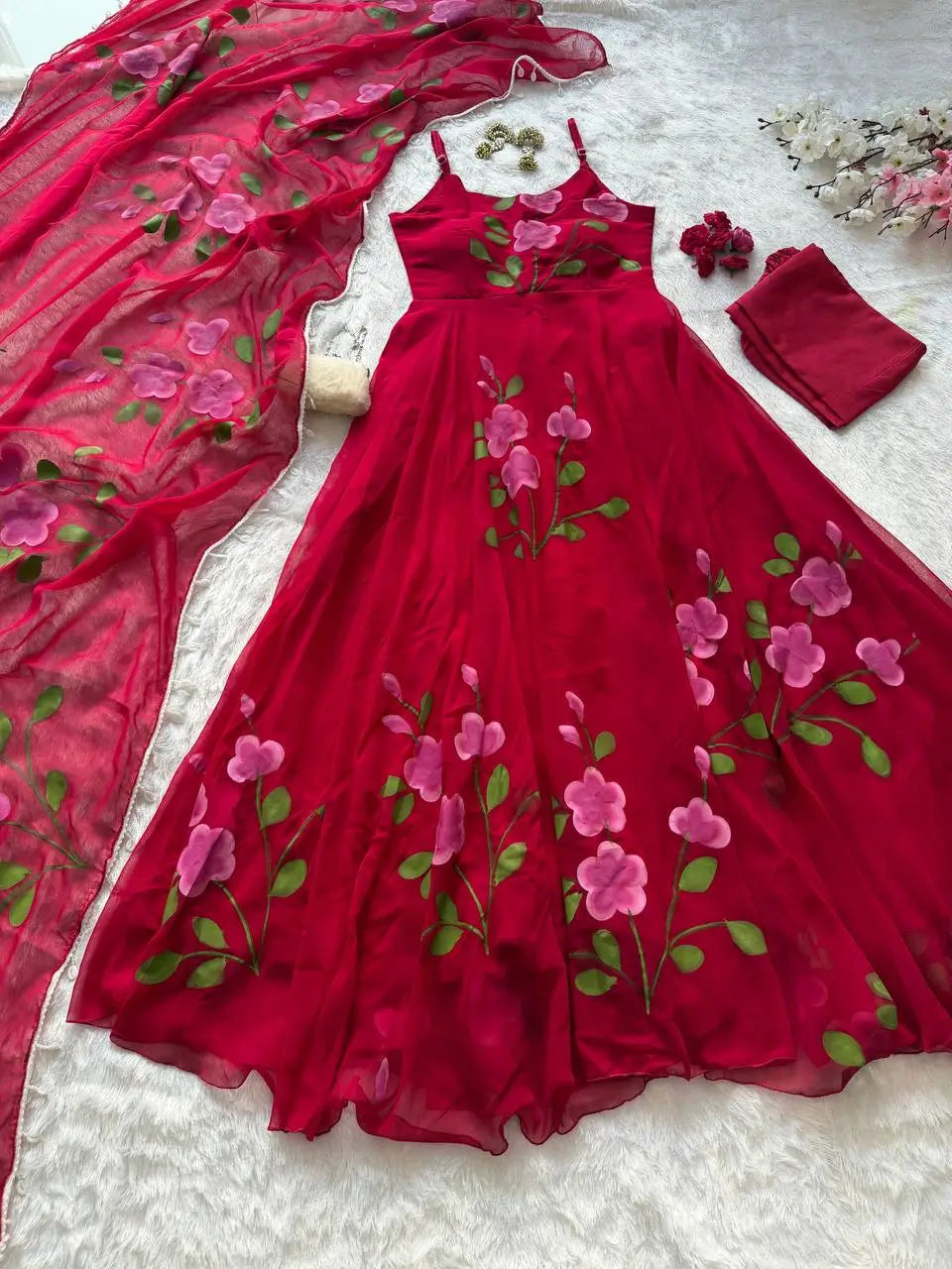 Red Handpainted Georgette Anarkali Set