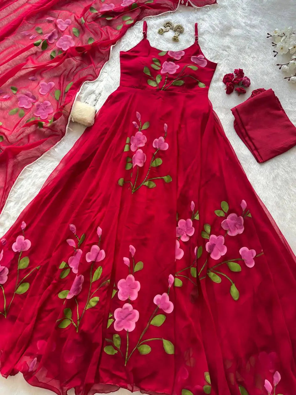 Red Handpainted Georgette Anarkali Set