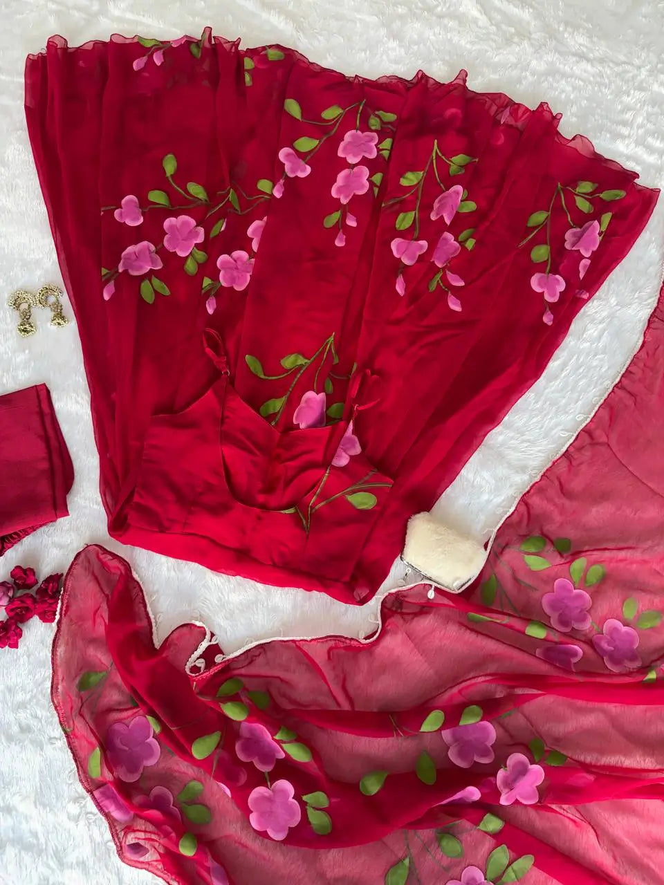 Red Handpainted Georgette Anarkali Set