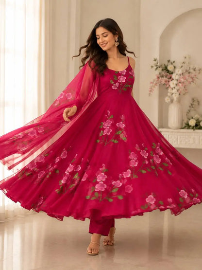 Red Handpainted Georgette Anarkali Set
