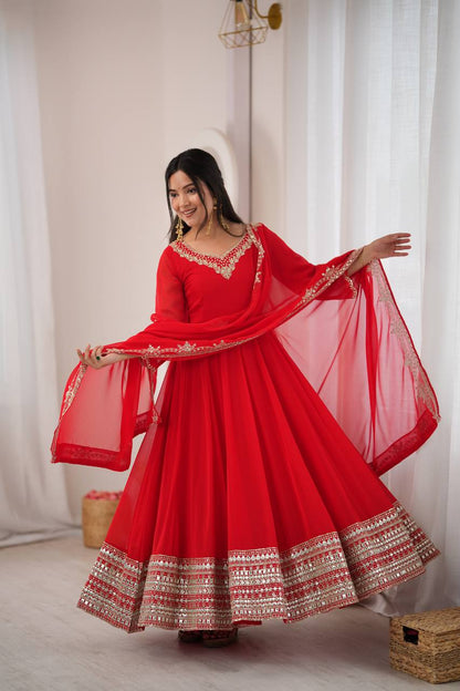 Red Mirror Sequin Anarkali Gown