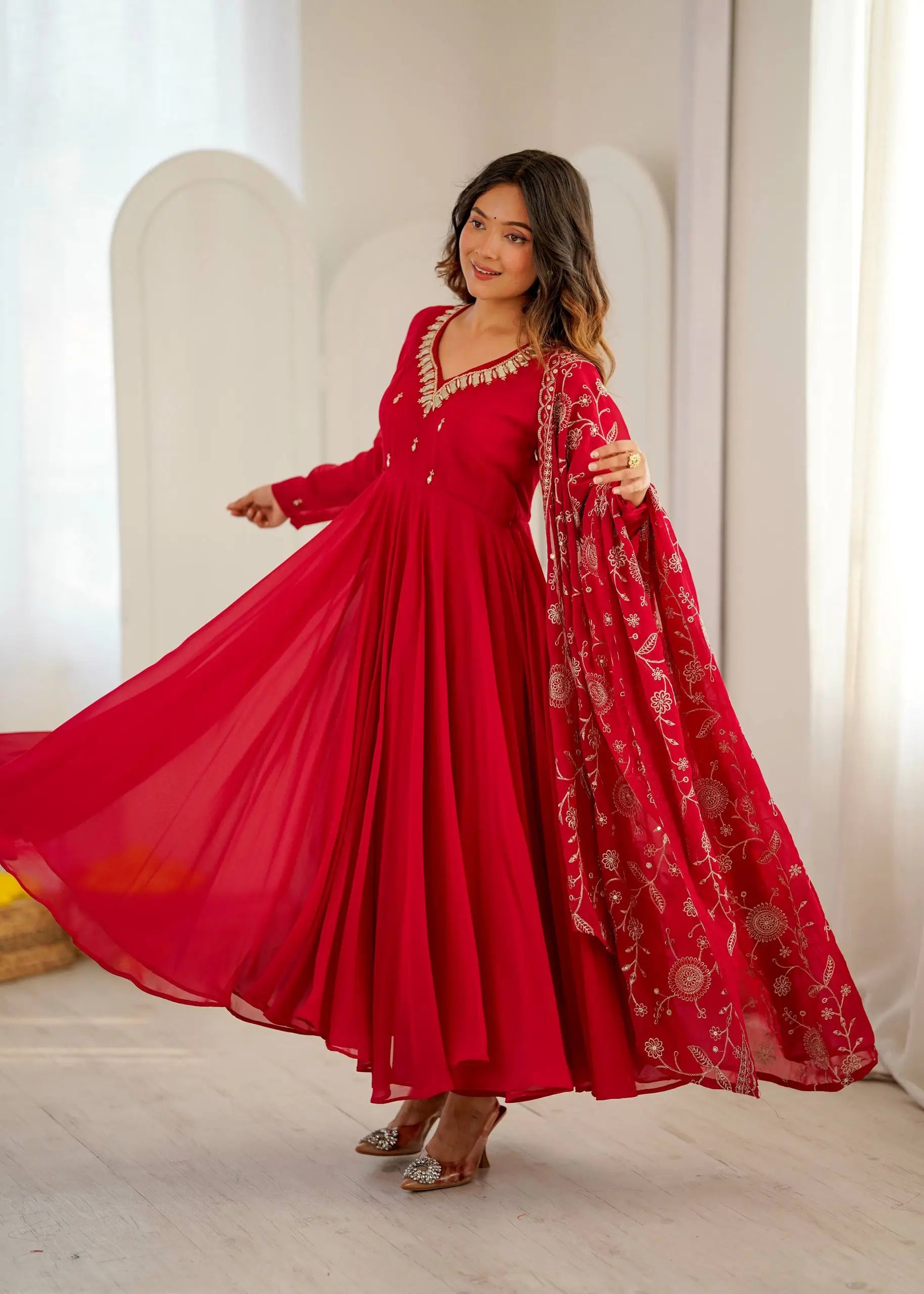 Red Mirror Umbrella Flaired Anarkali