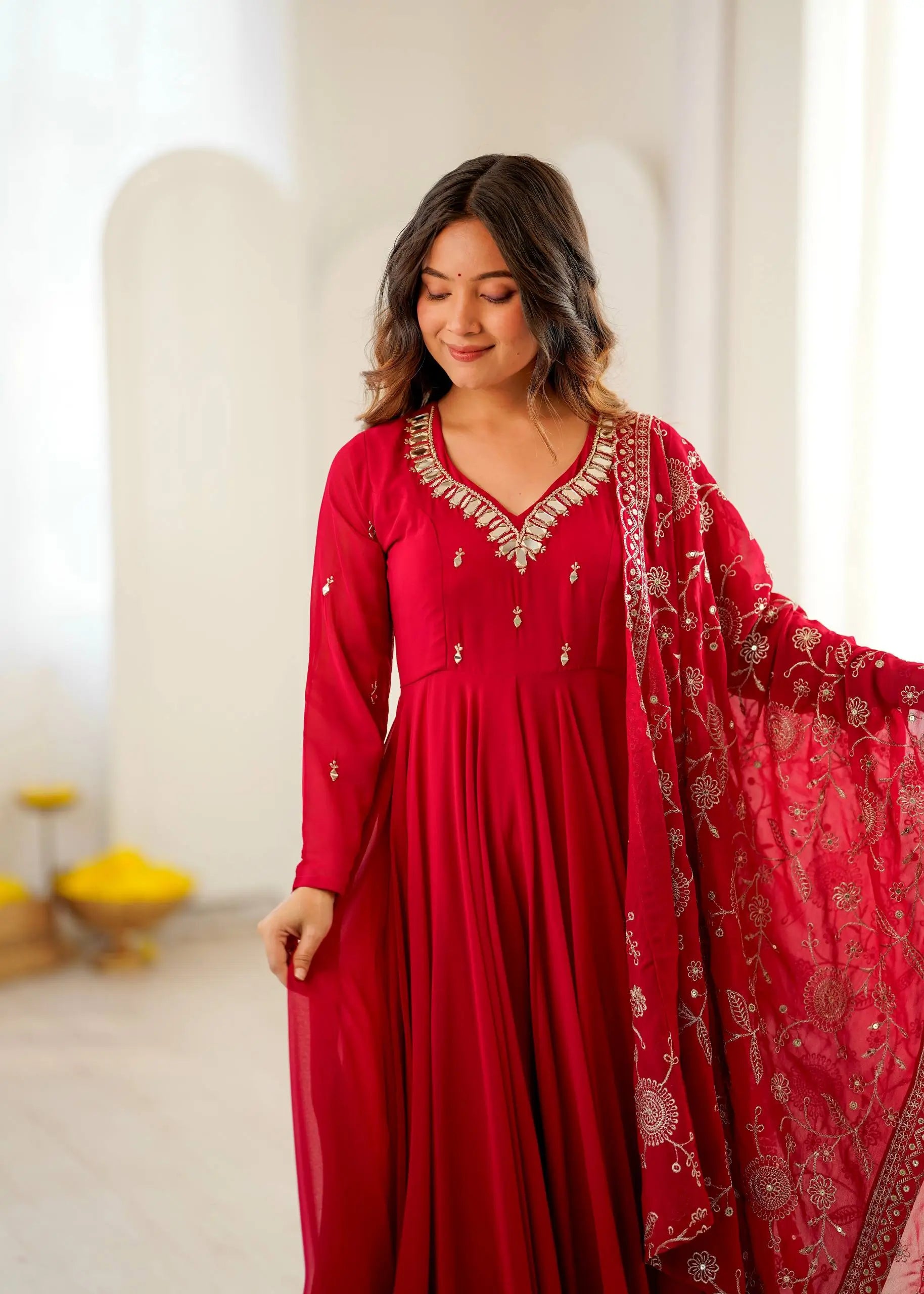 Red Mirror Umbrella Flaired Anarkali