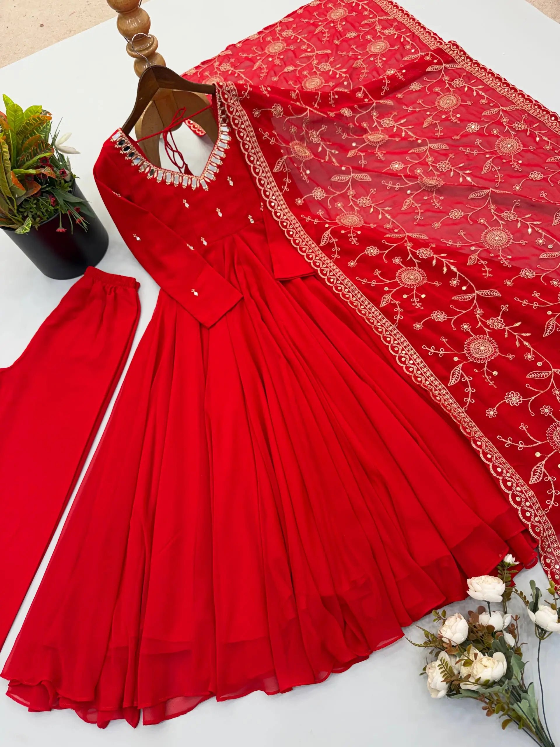 Red Mirror Umbrella Flaired Anarkali