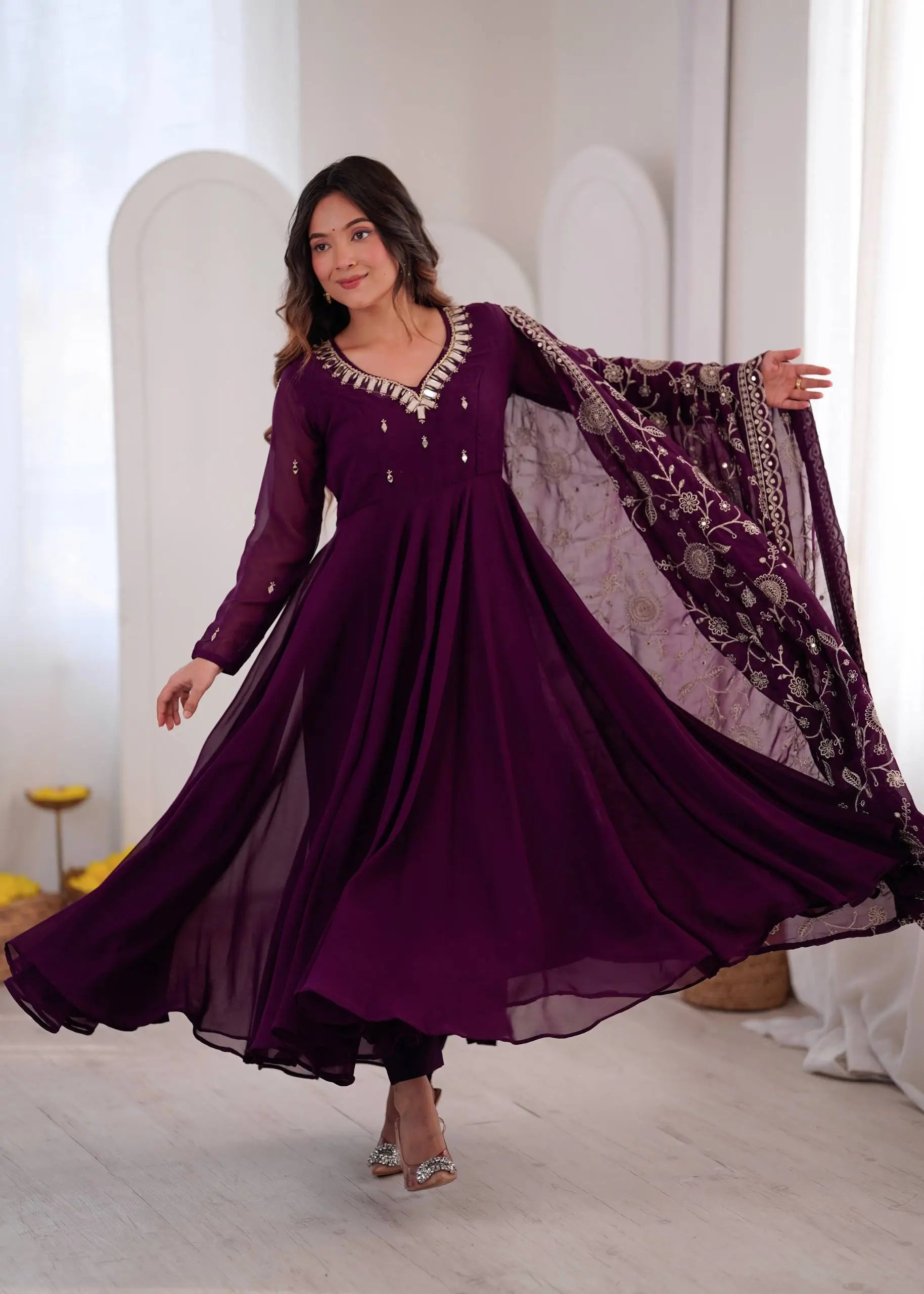 Red Mirror Umbrella Flaired Anarkali