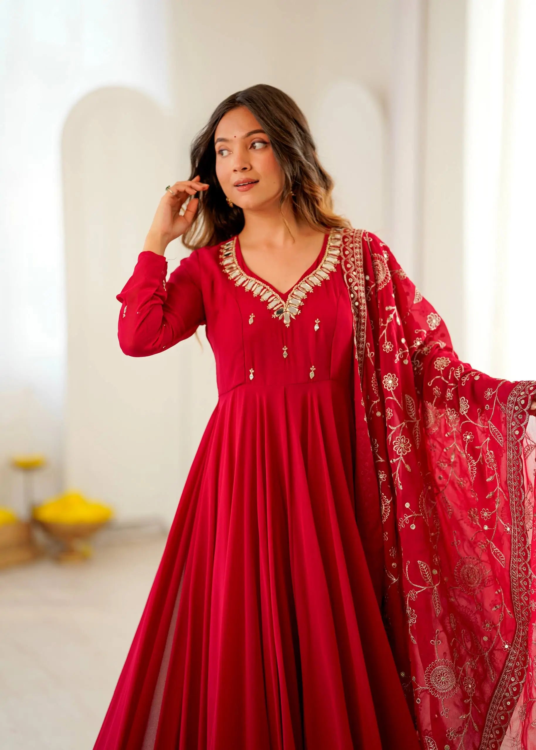 Red Mirror Umbrella Flaired Anarkali