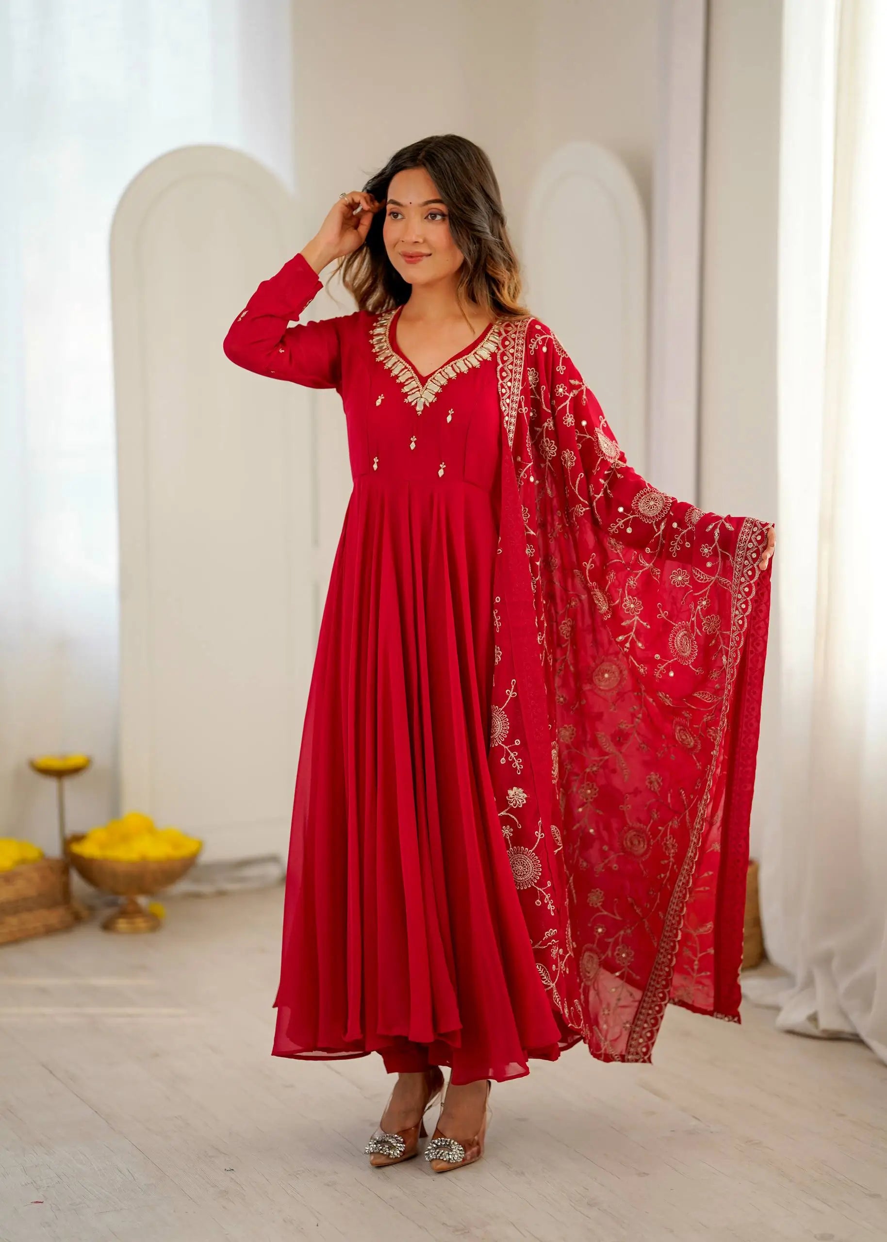 Red Mirror Umbrella Flaired Anarkali