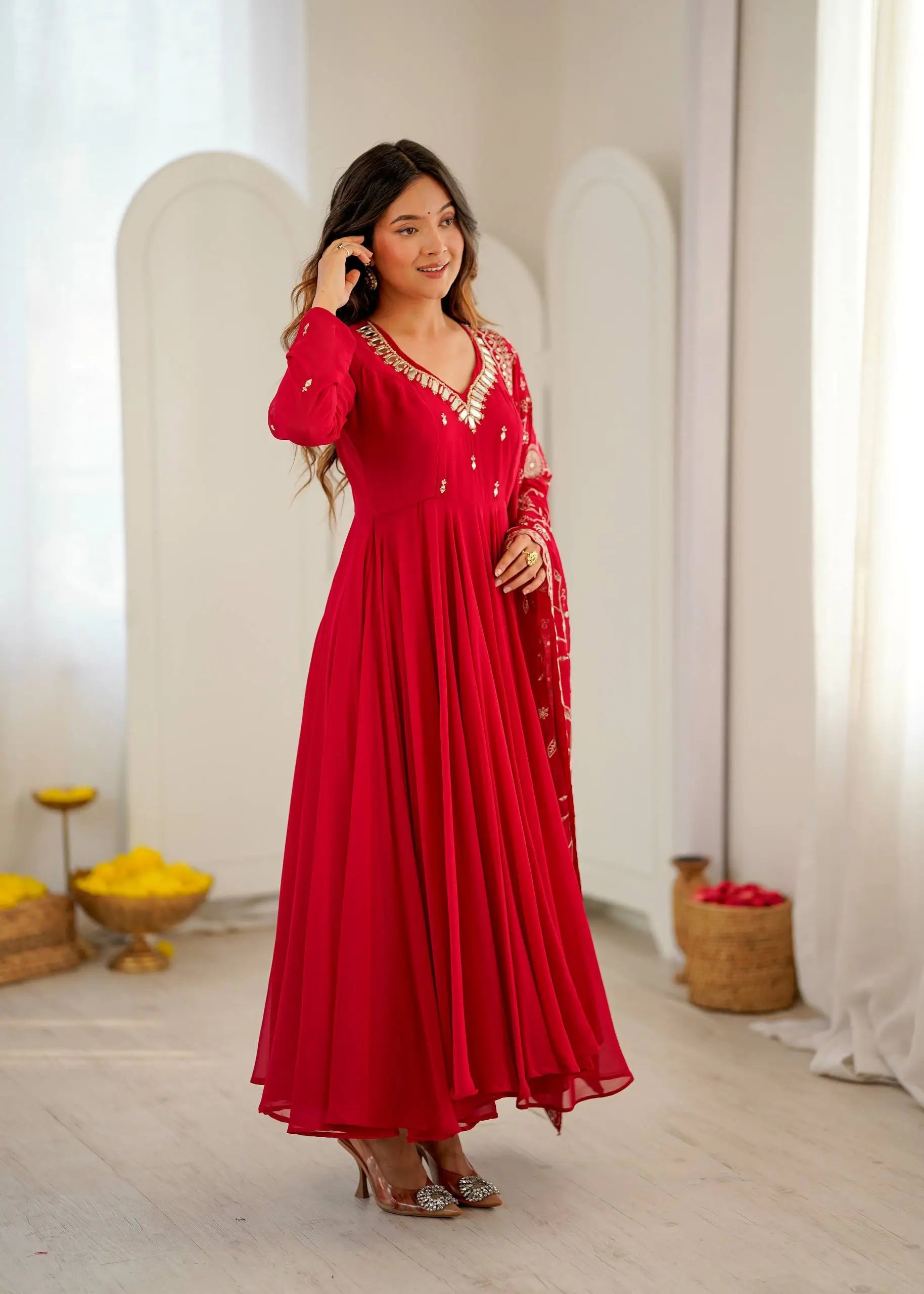 Red Mirror Umbrella Flaired Anarkali