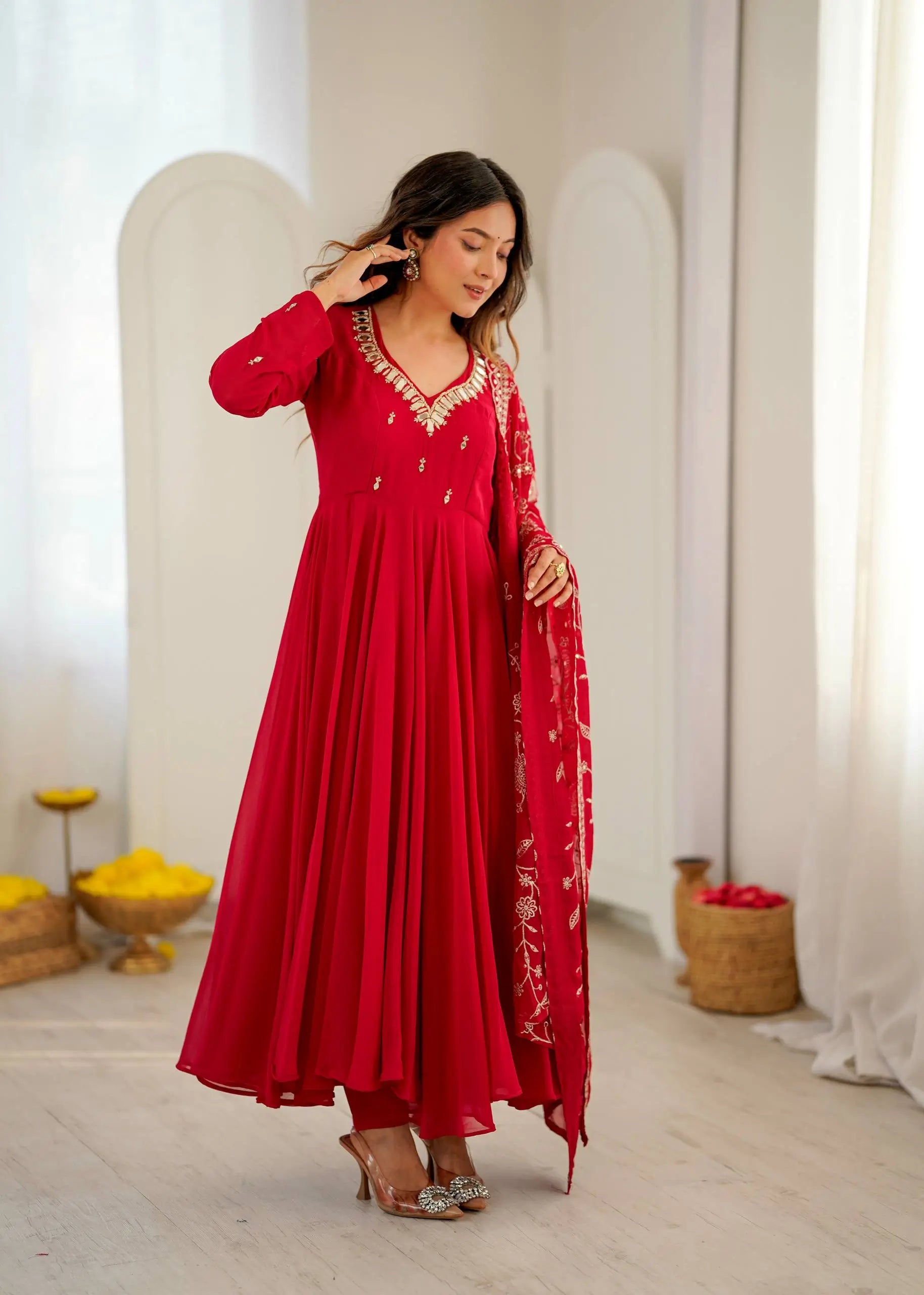 Red Mirror Umbrella Flaired Anarkali