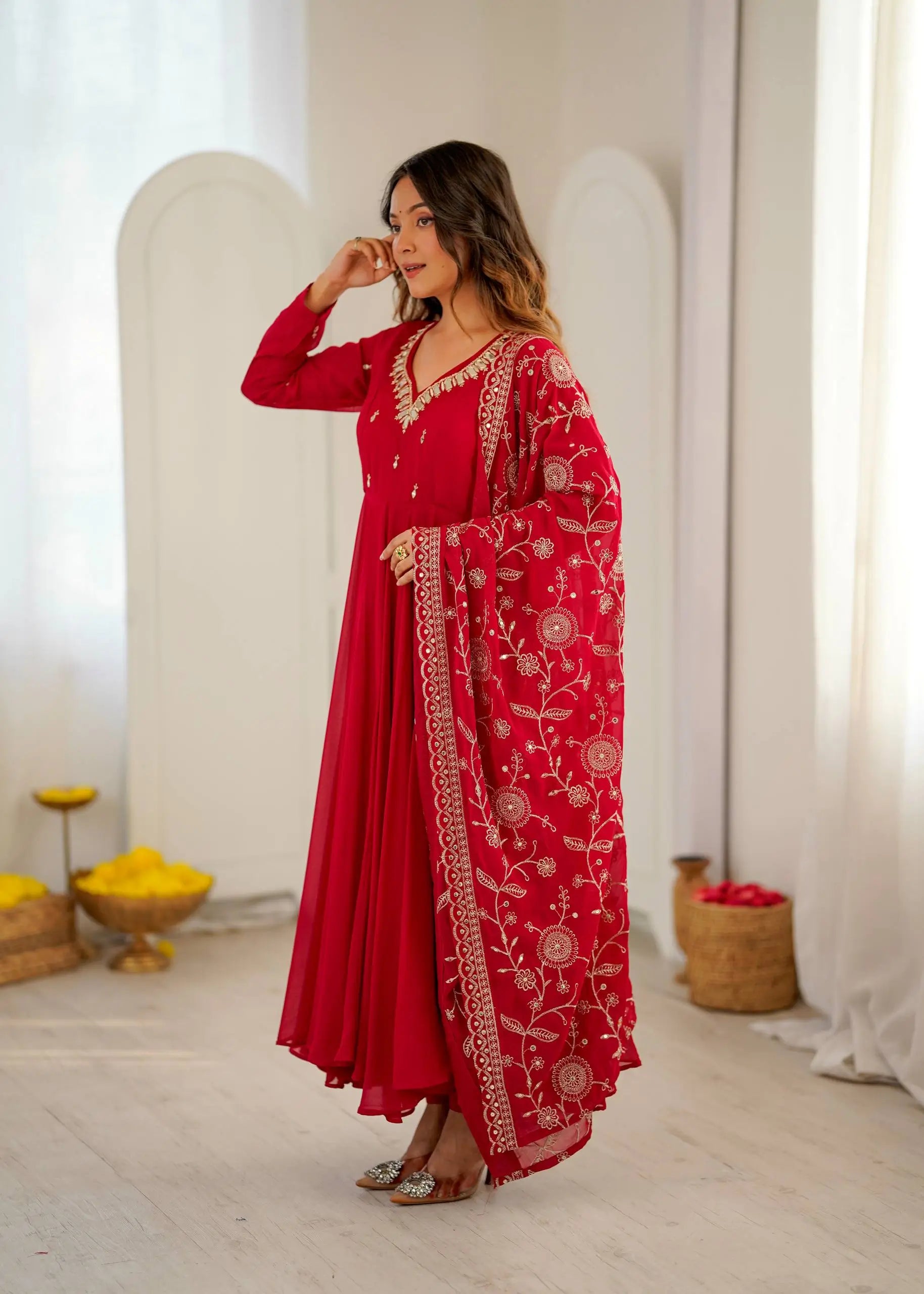 Red Mirror Umbrella Flaired Anarkali