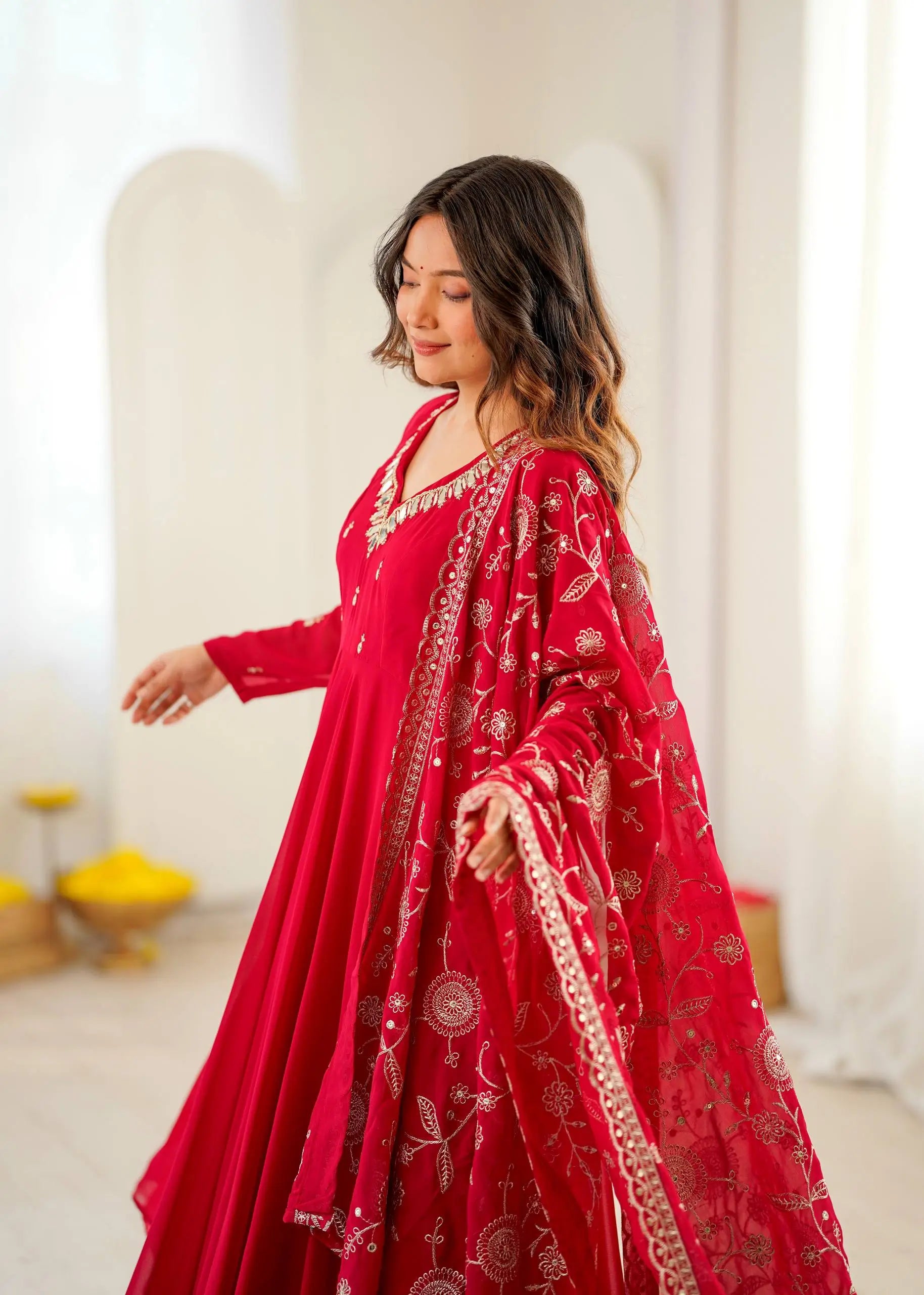 Red Mirror Umbrella Flaired Anarkali