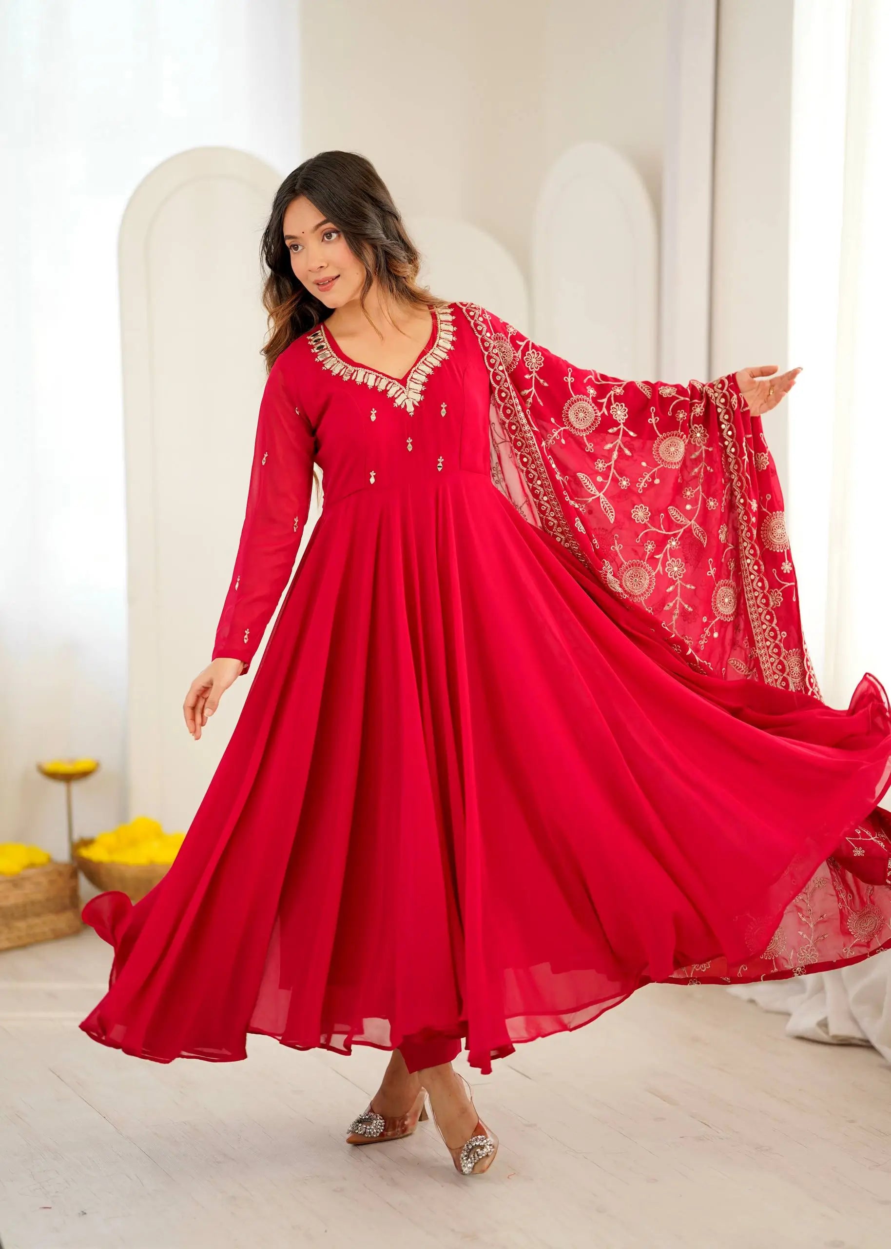 Red Mirror Umbrella Flaired Anarkali