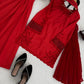 Red Natural Silk Suit Set with Beads Work and Farshi Palazzo for Festive and Wedding Wear