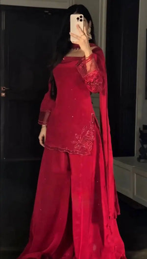 Red Natural Silk Suit Set with Beads Work and Farshi Palazzo for Festive and Wedding Wear