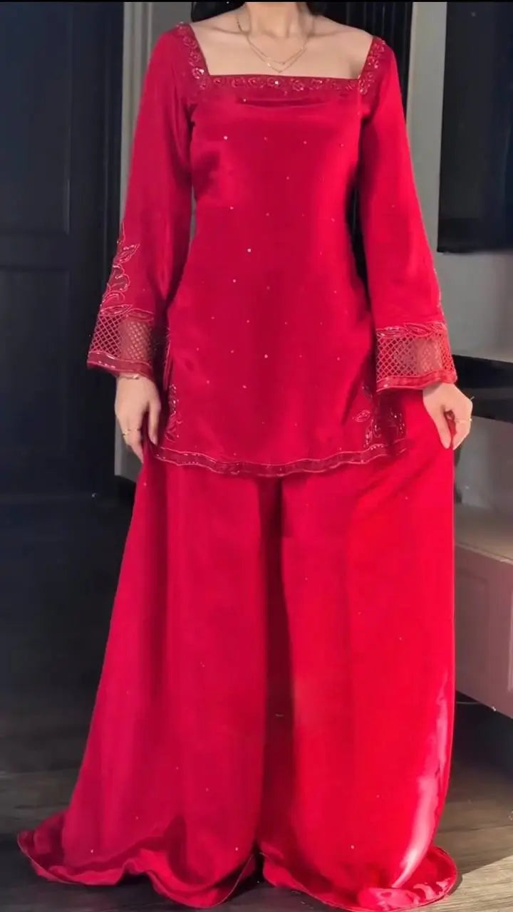 Red Natural Silk Suit Set with Beads Work and Farshi Palazzo for Festive and Wedding Wear