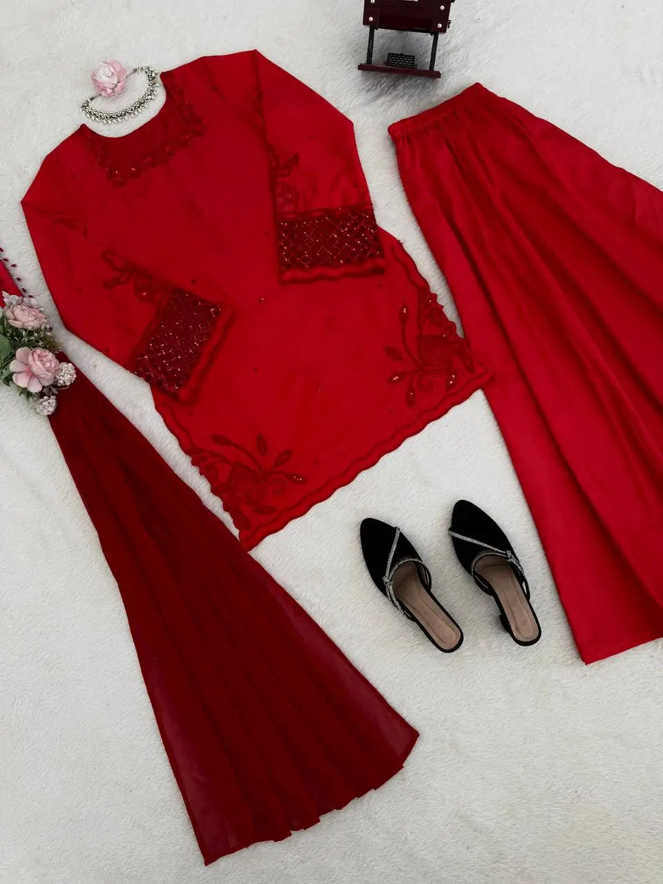 Red Natural Silk Suit Set with Beads Work and Farshi Palazzo for Festive and Wedding Wear