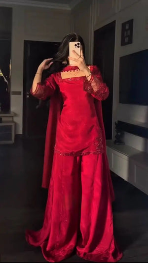 Red Natural Silk Suit Set with Beads Work and Farshi Palazzo for Festive and Wedding Wear