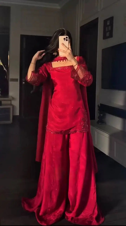 Red Natural Silk Suit Set with Beads Work and Farshi Palazzo for Festive and Wedding Wear