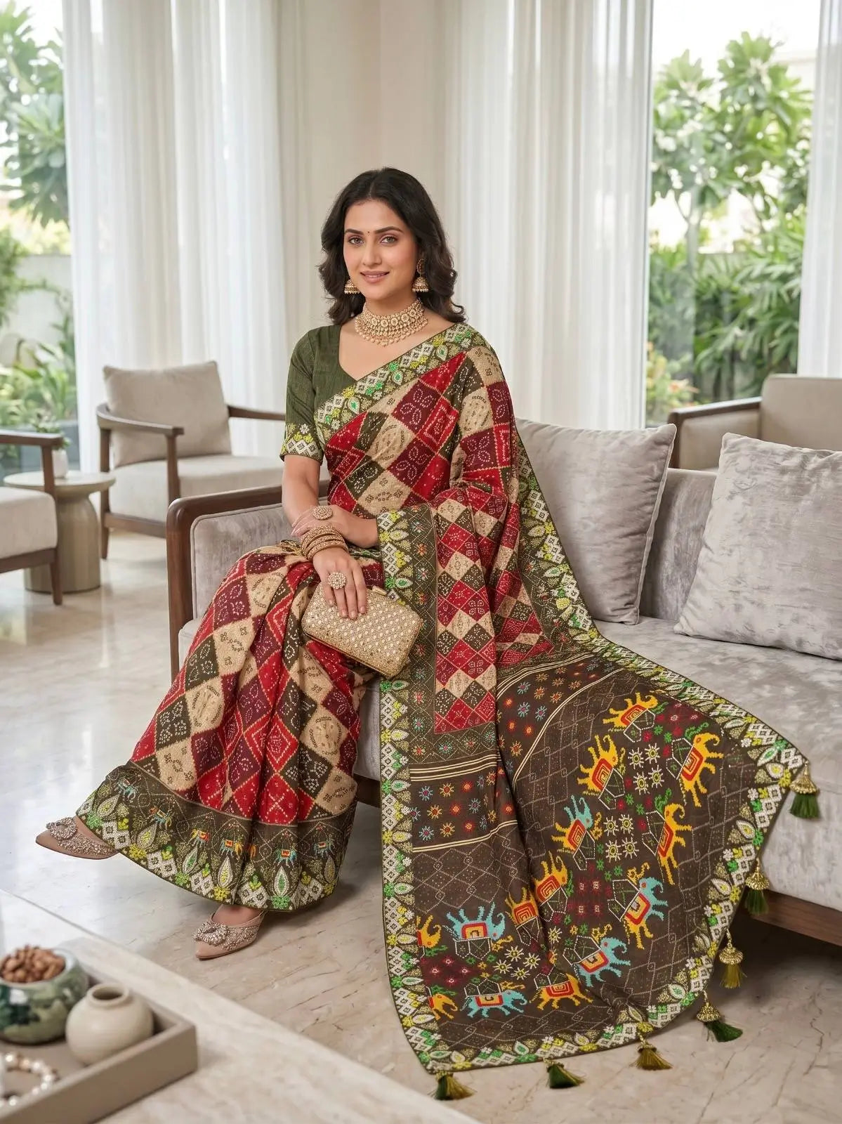 Red Patola Print Vichitra Silk Saree