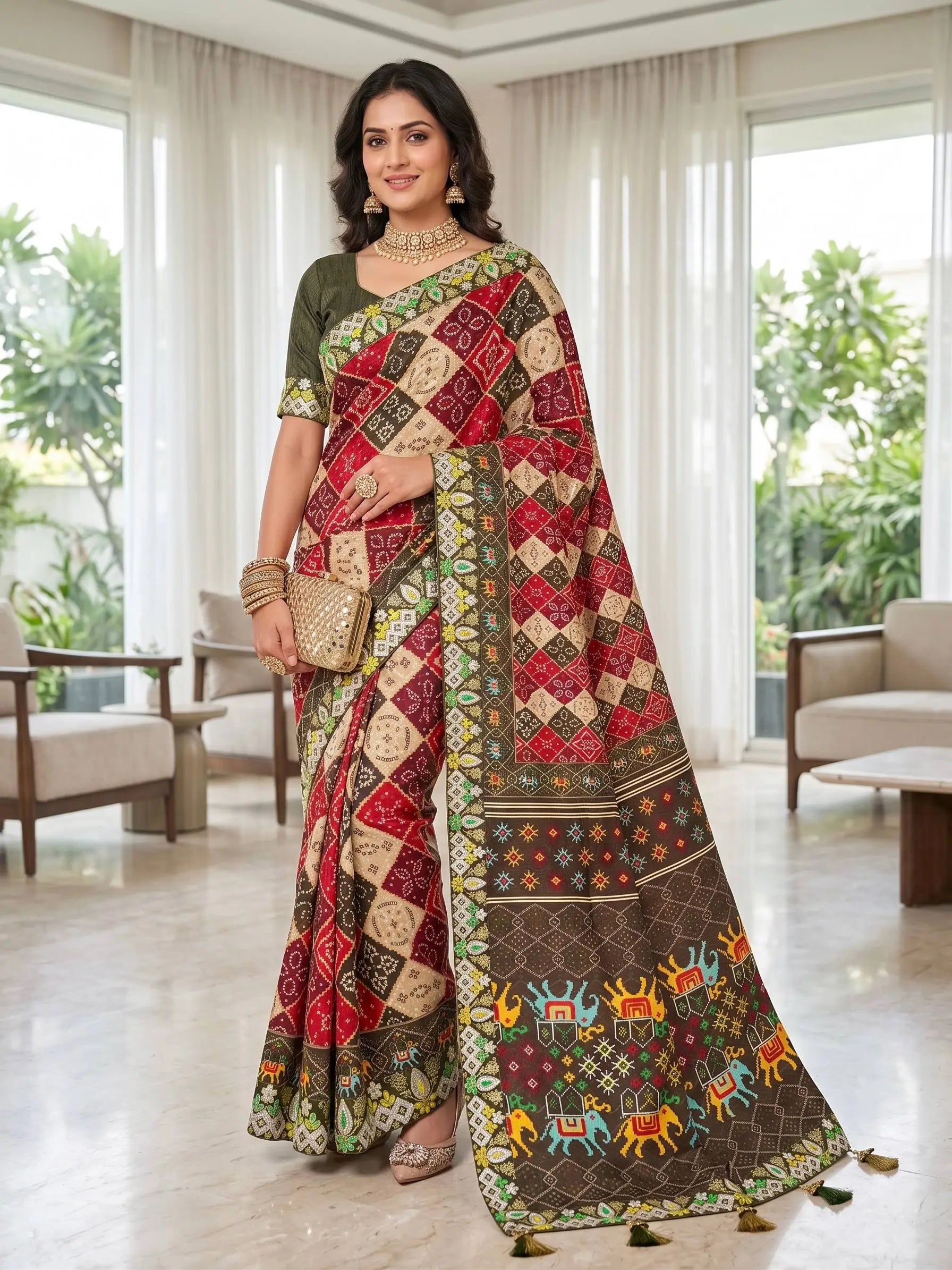 Red Patola Print Vichitra Silk Saree
