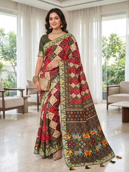 Red Patola Print Vichitra Silk Saree
