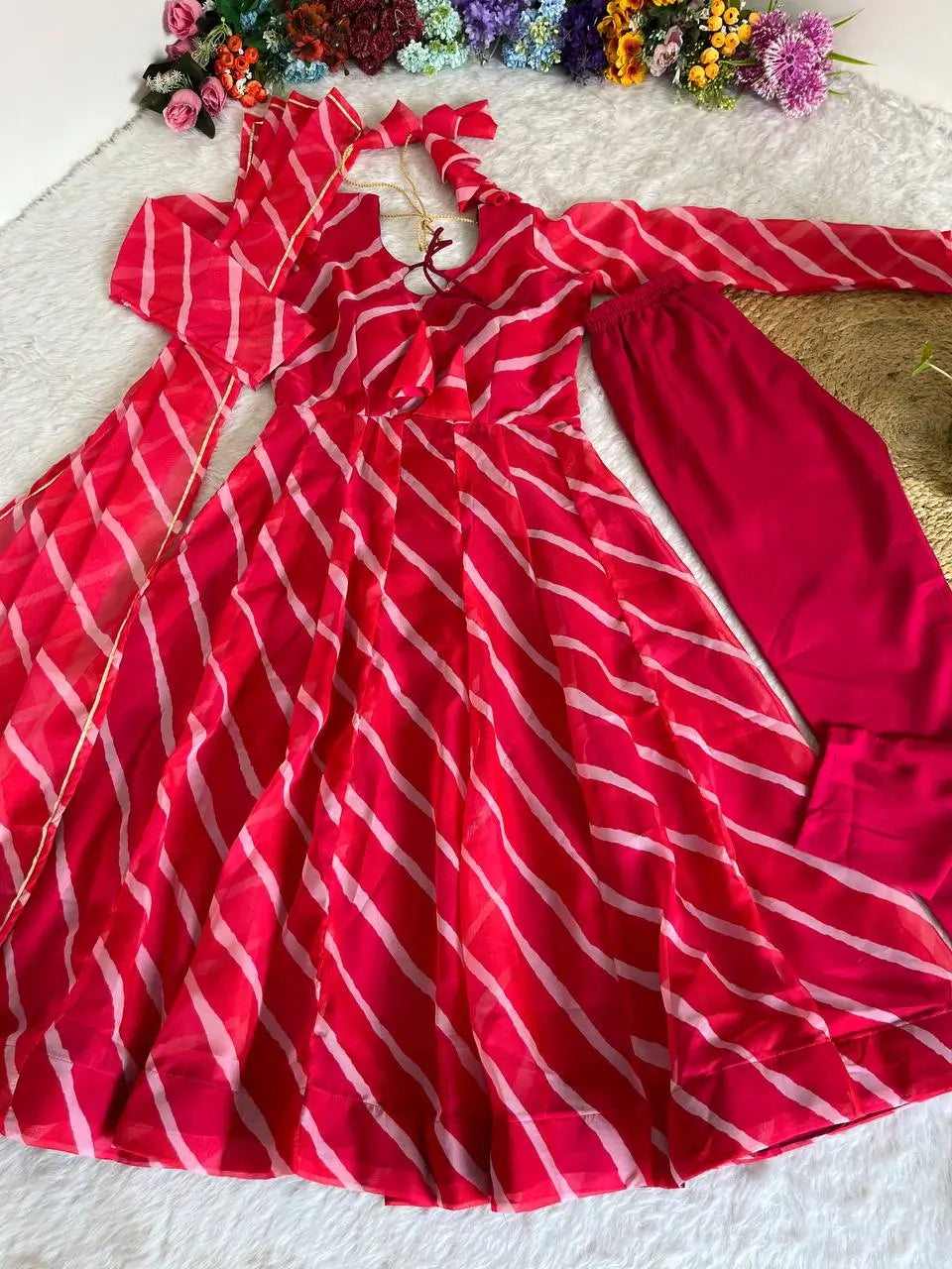 Red-Pink Organza Taby Silk Printed Anarkali Set with Dupatta