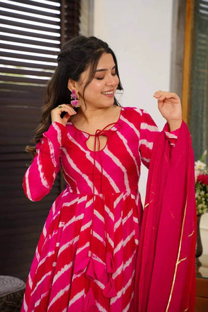 Red-Pink Organza Taby Silk Printed Anarkali Set with Dupatta