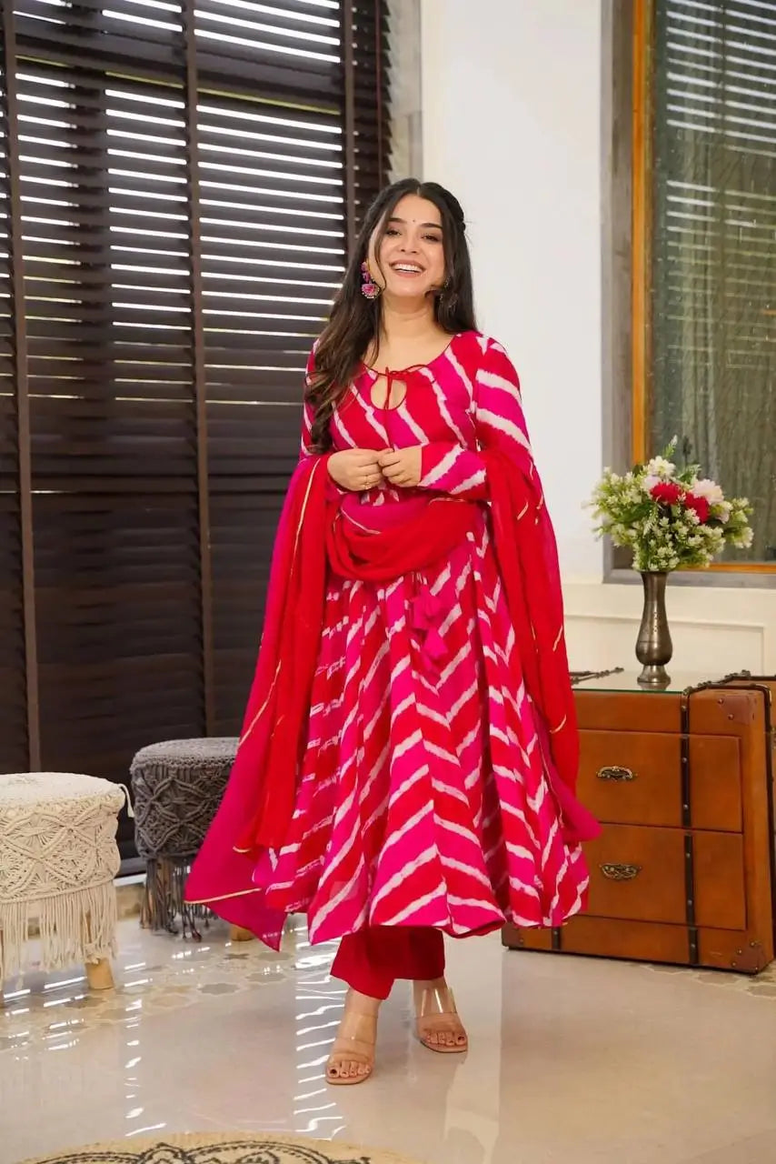 Red-Pink Organza Taby Silk Printed Anarkali Set with Dupatta
