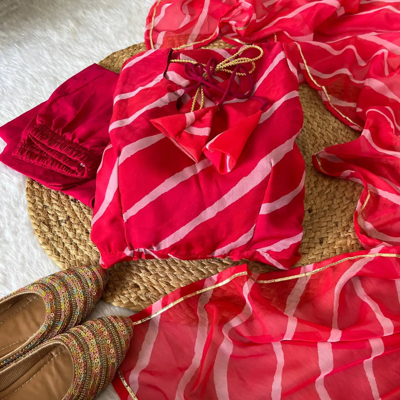 Red-Pink Organza Taby Silk Printed Anarkali Set with Dupatta