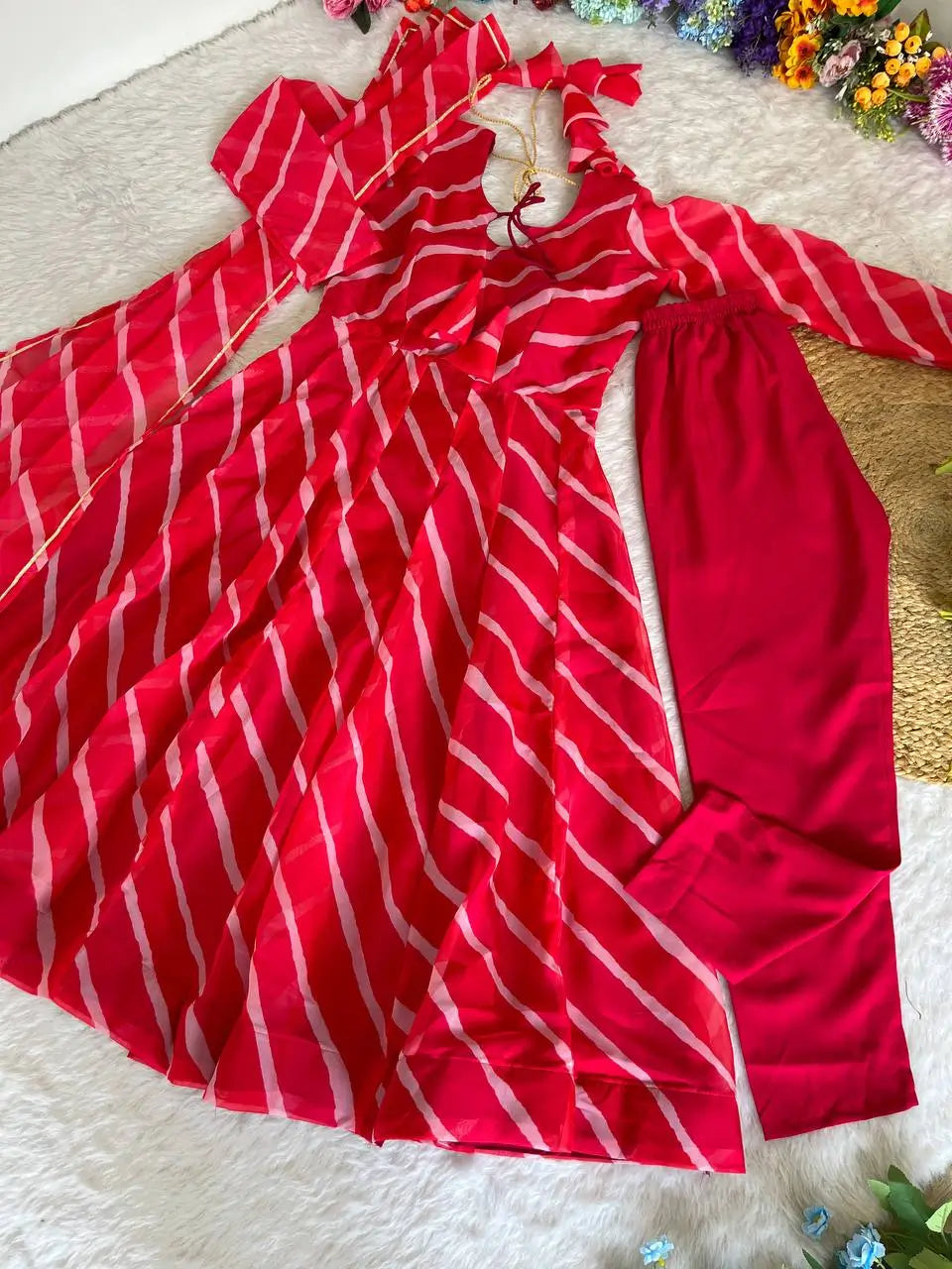 Red-Pink Organza Taby Silk Printed Anarkali Set with Dupatta