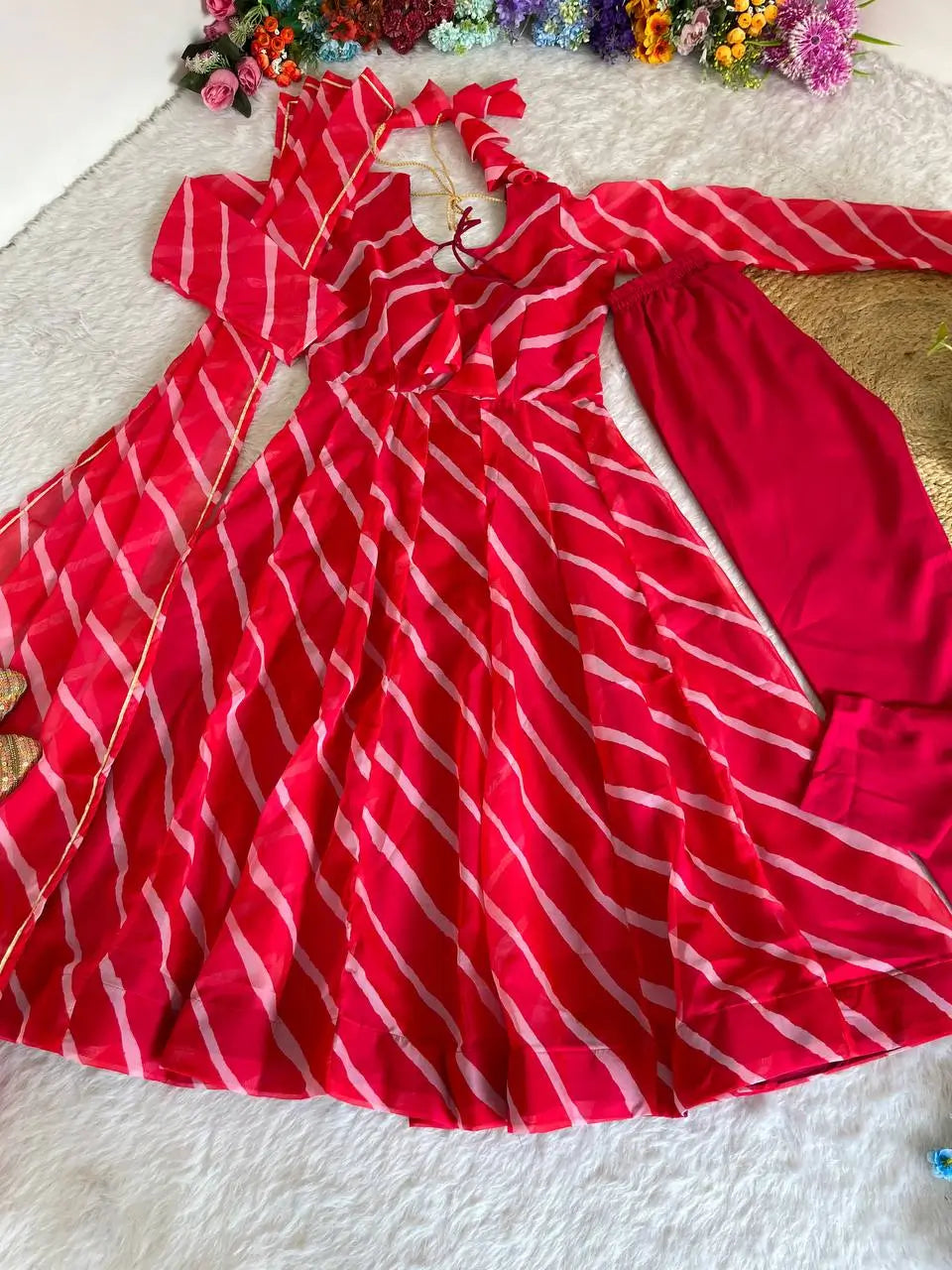 Red-Pink Organza Taby Silk Printed Anarkali Set with Dupatta