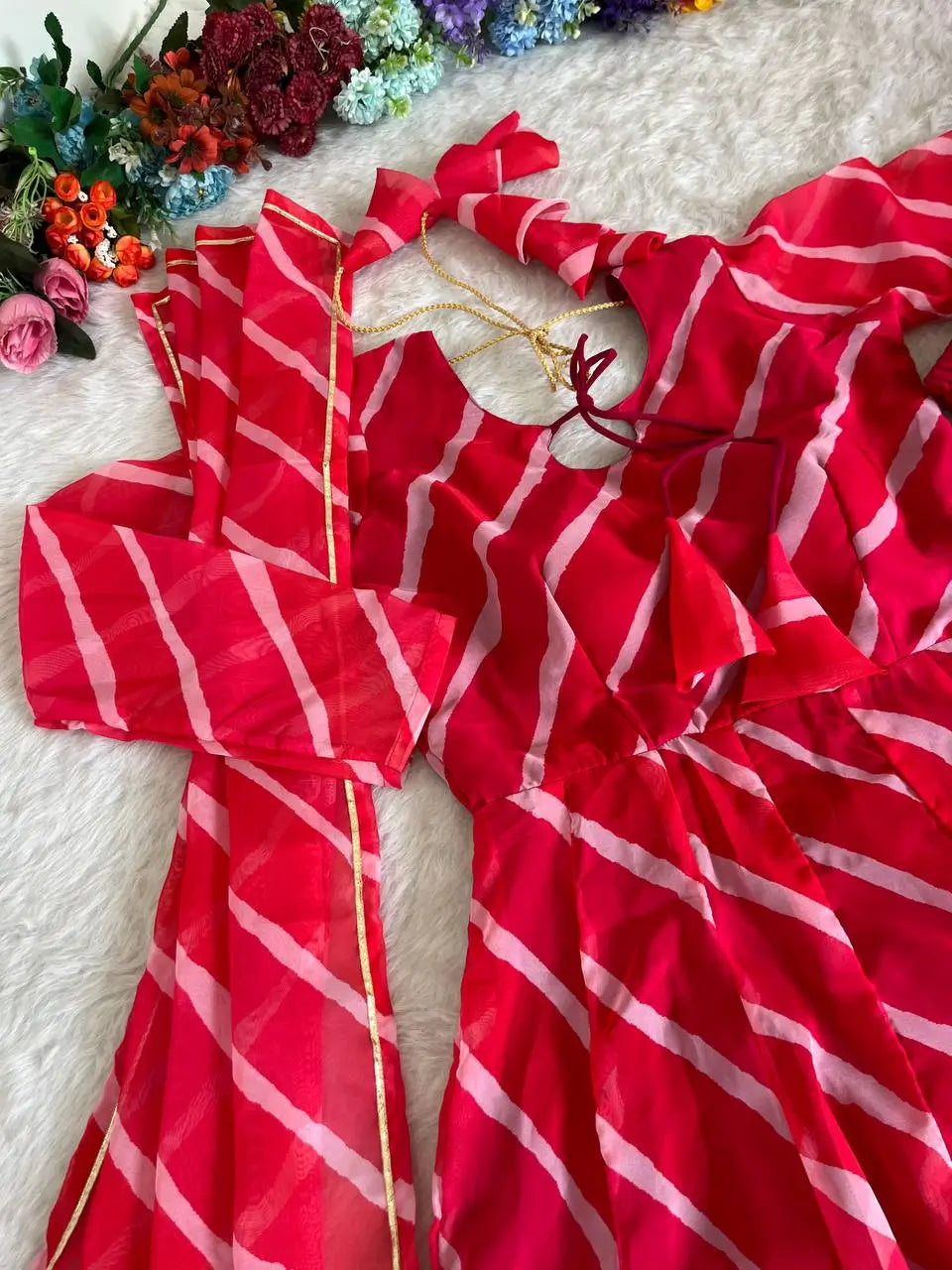 Red-Pink Organza Taby Silk Printed Anarkali Set with Dupatta