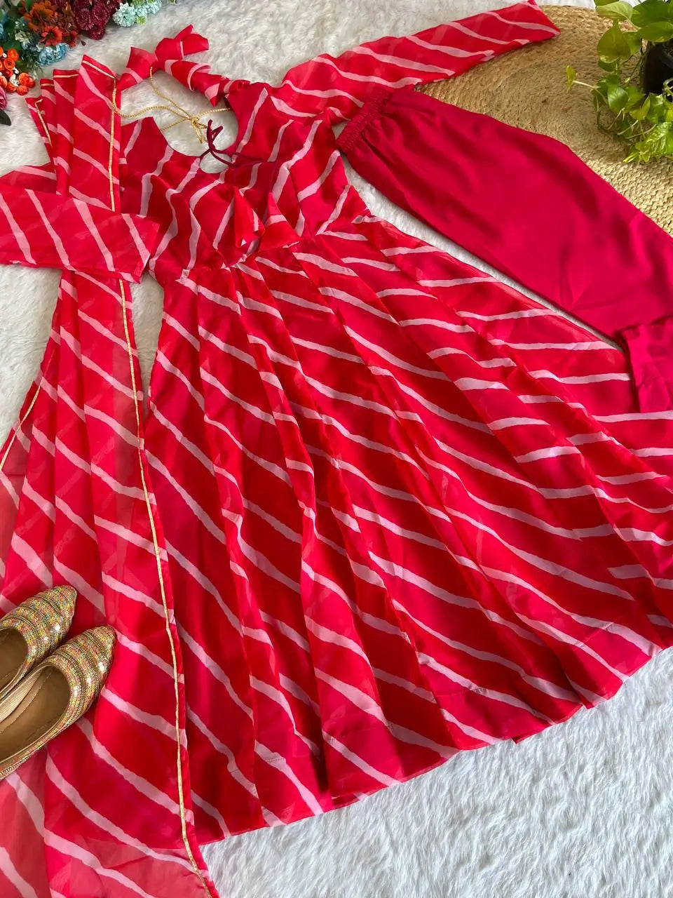 Red-Pink Organza Taby Silk Printed Anarkali Set with Dupatta