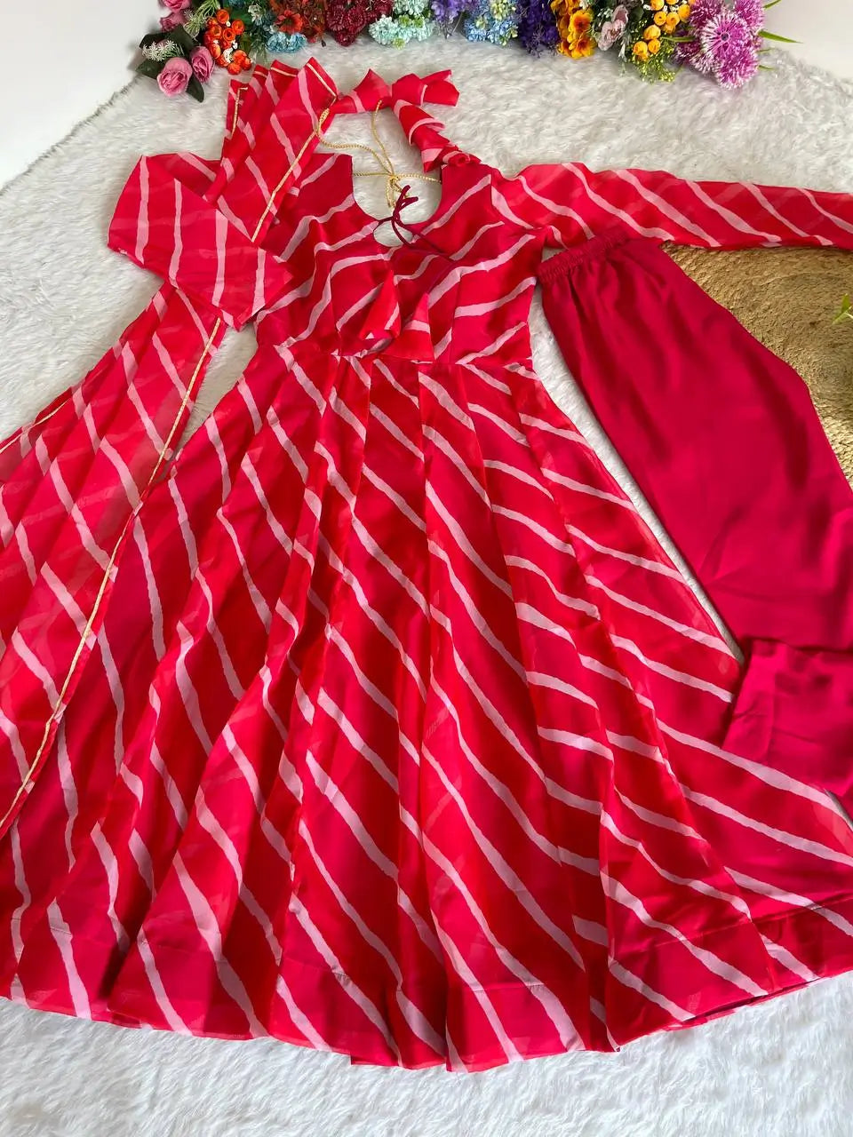 Red-Pink Organza Taby Silk Printed Anarkali Set with Dupatta