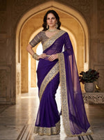 Red & Purple Fandy Satin Silk Designer Saree with Mirror Lace Border for Wedding and Festive Wear