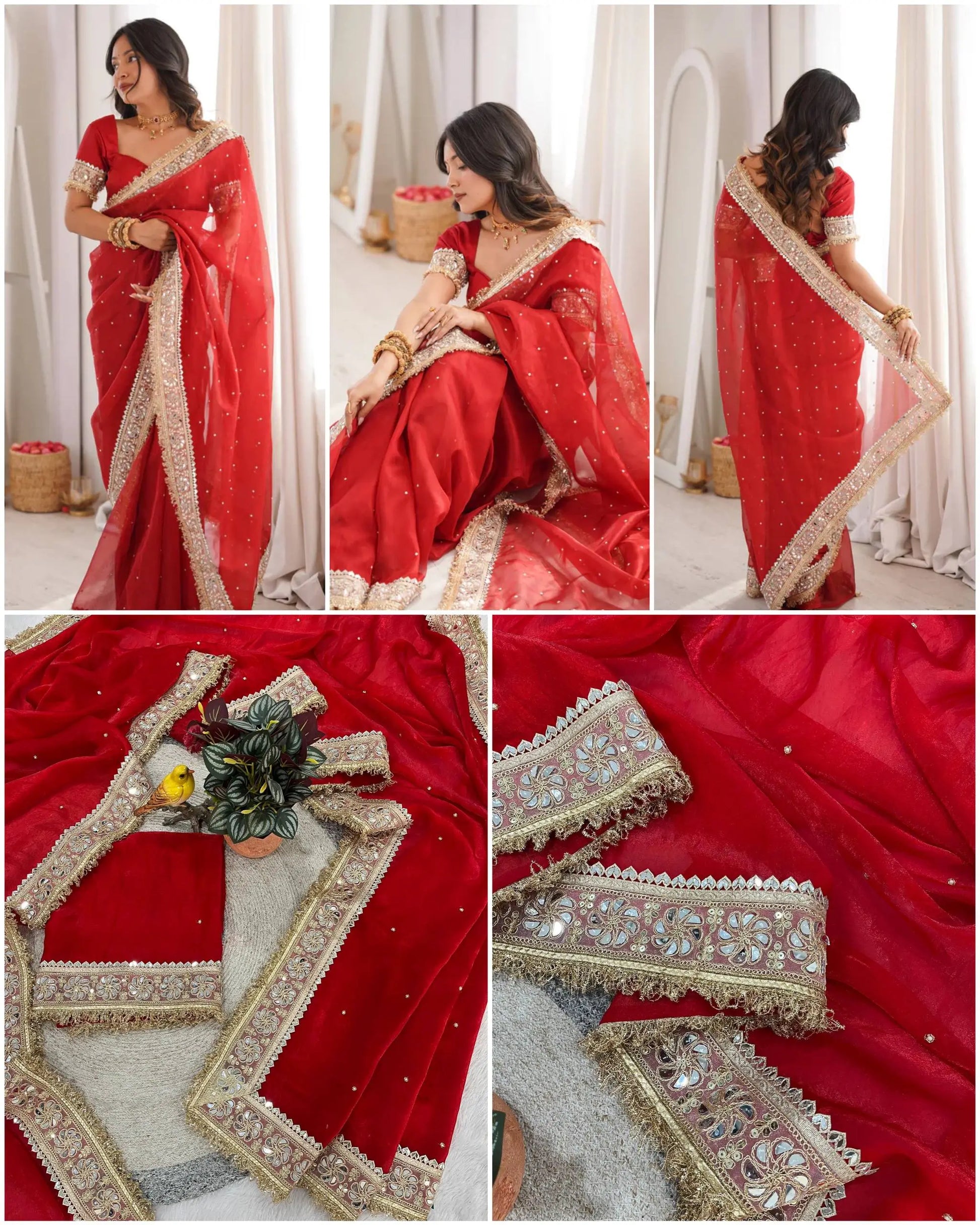 Red & Purple Fandy Satin Silk Designer Saree with Mirror Lace Border for Wedding and Festive Wear