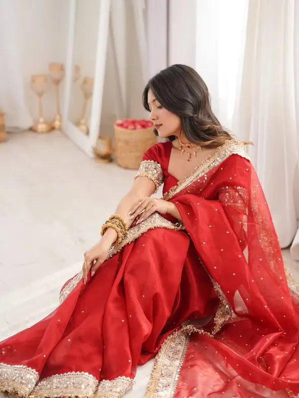 Red & Purple Fandy Satin Silk Designer Saree with Mirror Lace Border for Wedding and Festive Wear