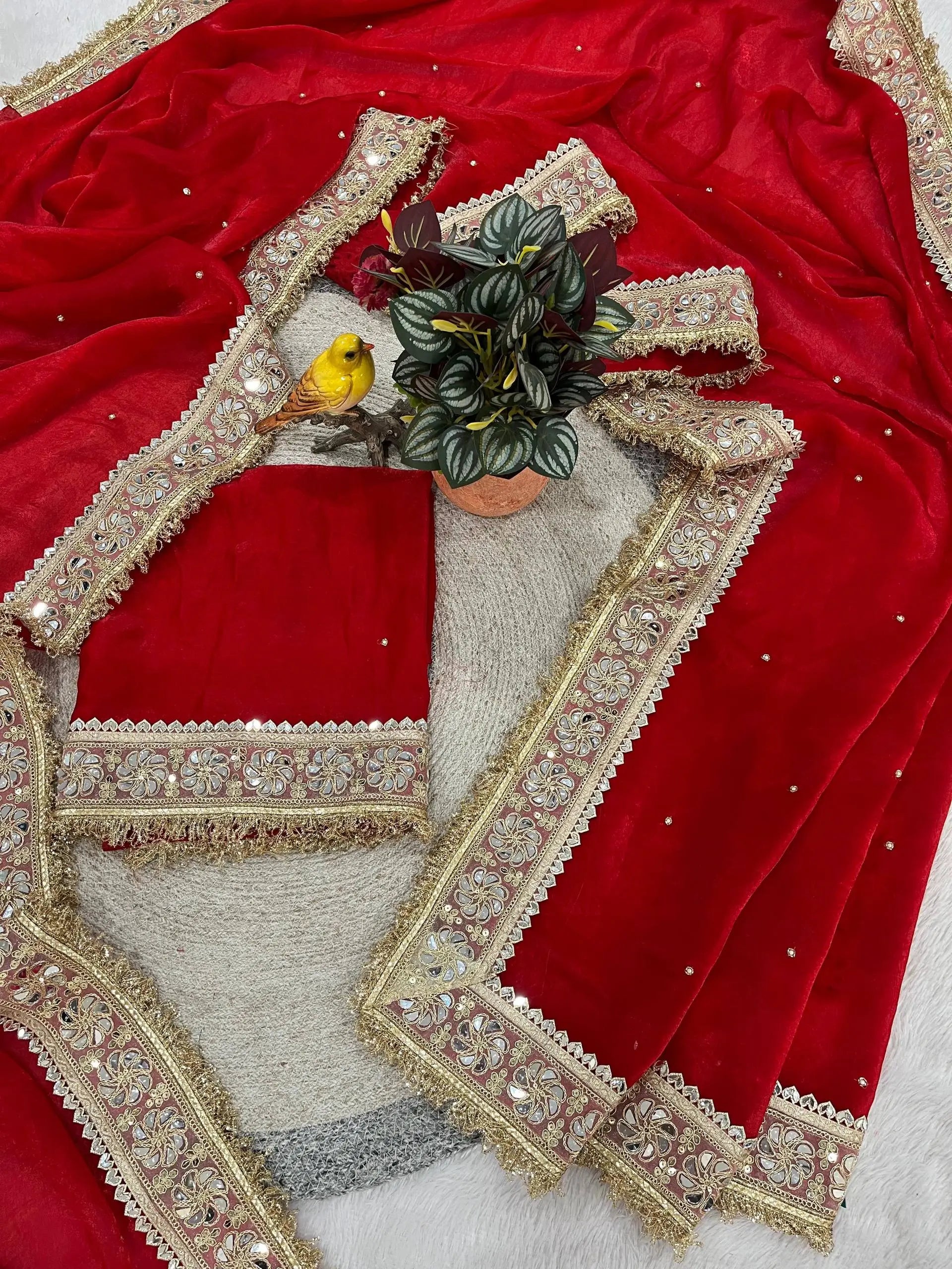 Red & Purple Fandy Satin Silk Designer Saree with Mirror Lace Border for Wedding and Festive Wear